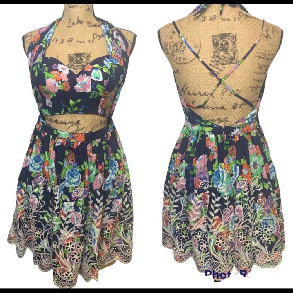 Solaris Style Navy Blue Floral Cutout Embroidered Garden Fields Mini Dress